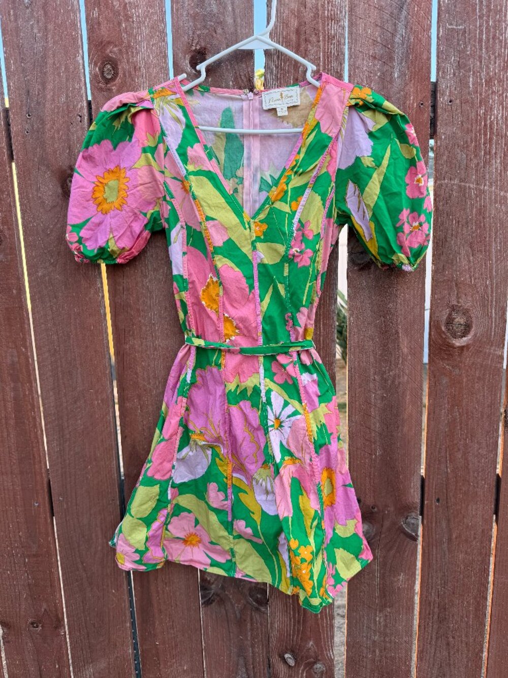 Flora Bea Puff Sleeve Tropical Pink & Green Floral Pleated Mini Brynlee Dress M